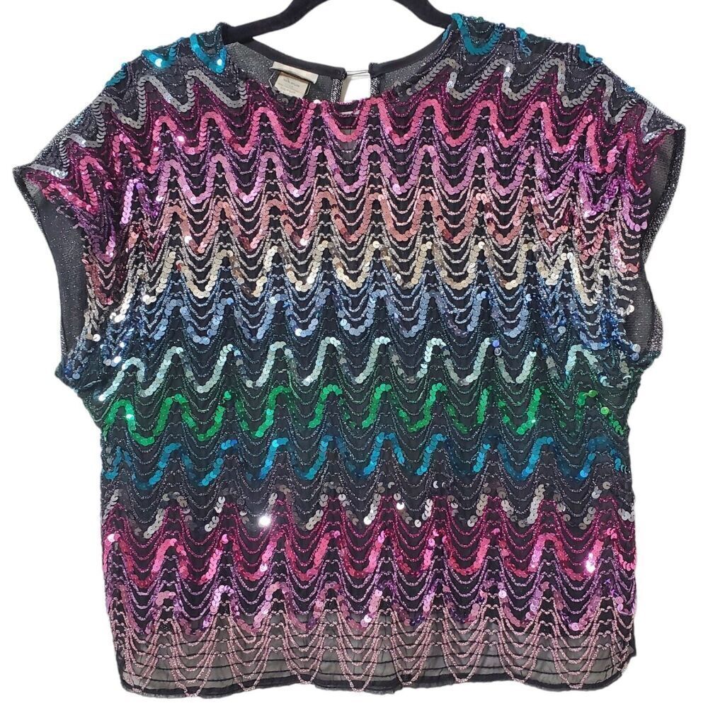 Vintage Pearlette Glam Sequin Top Size M Boxy Sheer Short Sleeve Womens